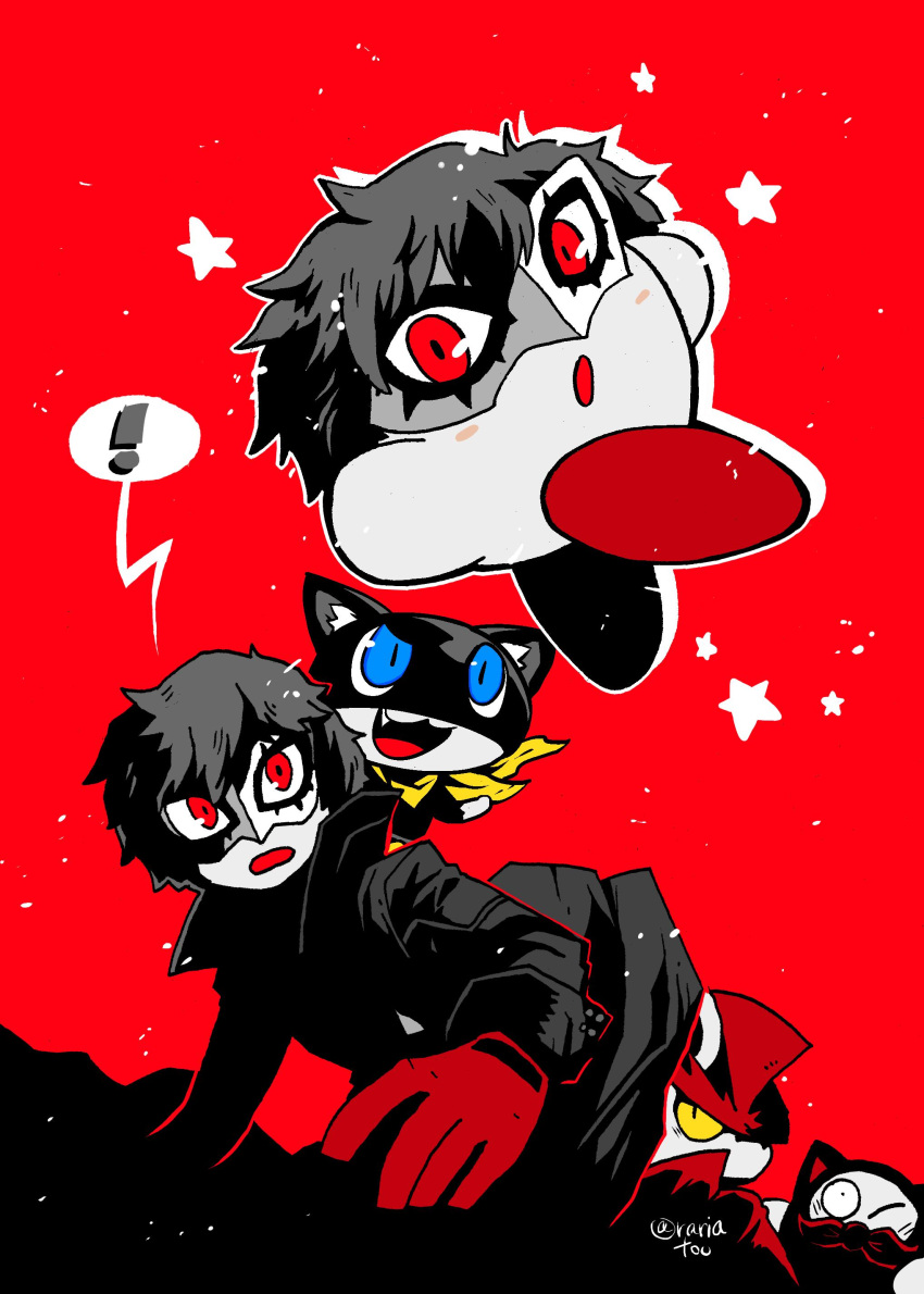 1boy, 4others, absurdres, amamiya_ren, animal, atlus, black_hair, blue_eyes, cat, copy_ability, cosplay, crossover, daroach, gloves, gun, hal_laboratory_inc., hat, highres, hoshi_no_kirby, hoshi_no_kirby_sanjou!_dorocche_dan, hoshi_no_kirby_super_deluxe, kirby, kirby_(series), kirby_squeak_squad, kirby_super_star, male_focus, mask, megami_tensei, morgana_(persona_5), nintendo, open_mouth, pants, persona, persona_5, plaid, rariatto_(ganguri), red_background, red_eyes, short_hair, sora_(company), super_smash_bros., super_smash_bros._ultimate, tac_(kirby), weapon