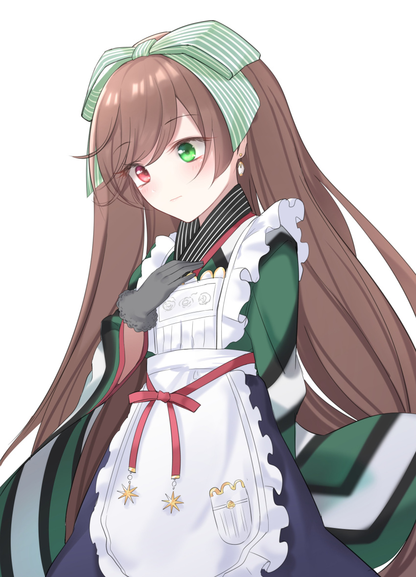1girl, absurdres, apron, arm_behind_back, bow, brown_hair, earrings, eyebrows_visible_through_hair