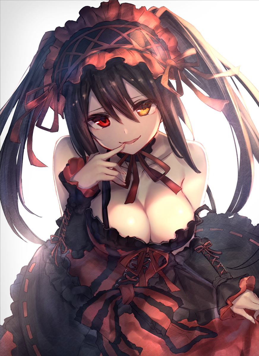 1girl, bangs, bare_shoulders, black_dress, black_hair, black_hairband, black_sleeves, breasts