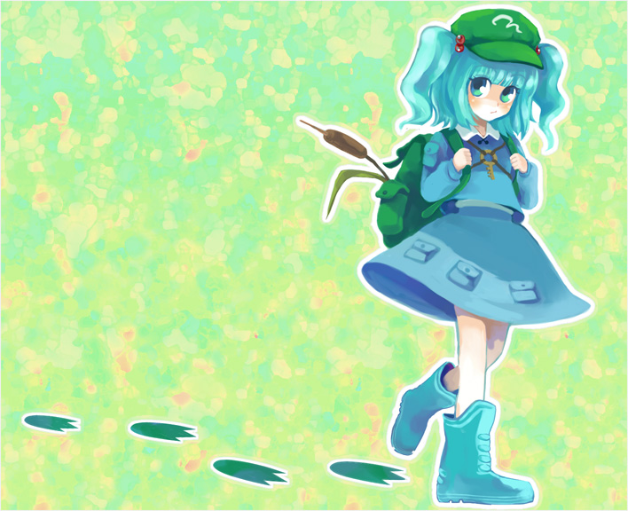 :/, aqua_hair, backpack, bag, chako_(mocomoco10), footprints, green_eyes, hair_bobbles, hair_ornament, hat, kawashiro_nitori, reeds, rubber_boots, simple_background, solo, touhou, twintails