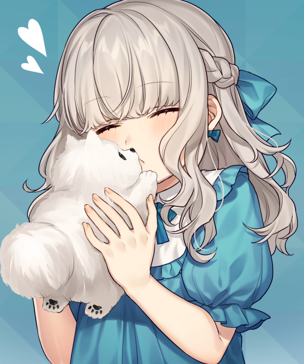 1girl, animal, blue_background, blue_bow, blue_dress, blush, bow, braid