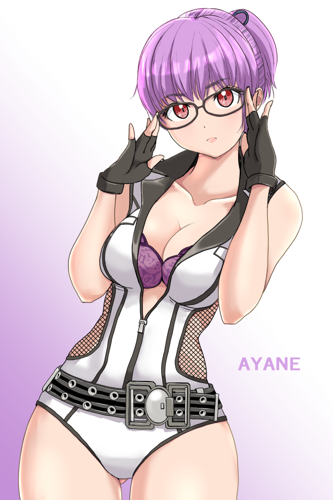 1girl, adjusting_eyewear, alternate_costume, alternate_hairstyle, ayane_(doa), bangs, bare_shoulders, belt