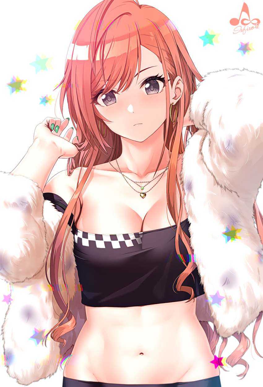 1girl, arisugawa_natsuha, arm_up, artist_logo, bangs, black_eyes, blush, breasts, chrysoberyl_(gemstone), citrine_(gemstone), cleavage, closed_mouth, collarbone, commentary, crop_top, earrings, eyebrows_visible_through_hair, fur, fur_jacket, gem, green_nails, groin, hand_up, head_tilt, highres, hoop_earrings, idolmaster, idolmaster_shiny_colors, infinote, jacket, jewelry, long_hair, looking_at_viewer, midriff, nail_polish, navel, necklace, off_shoulder, open_clothes, open_jacket, redhead, ringlets, sidelocks, signature, simple_background, solo, stomach, upper_body, white_background, white_jacket