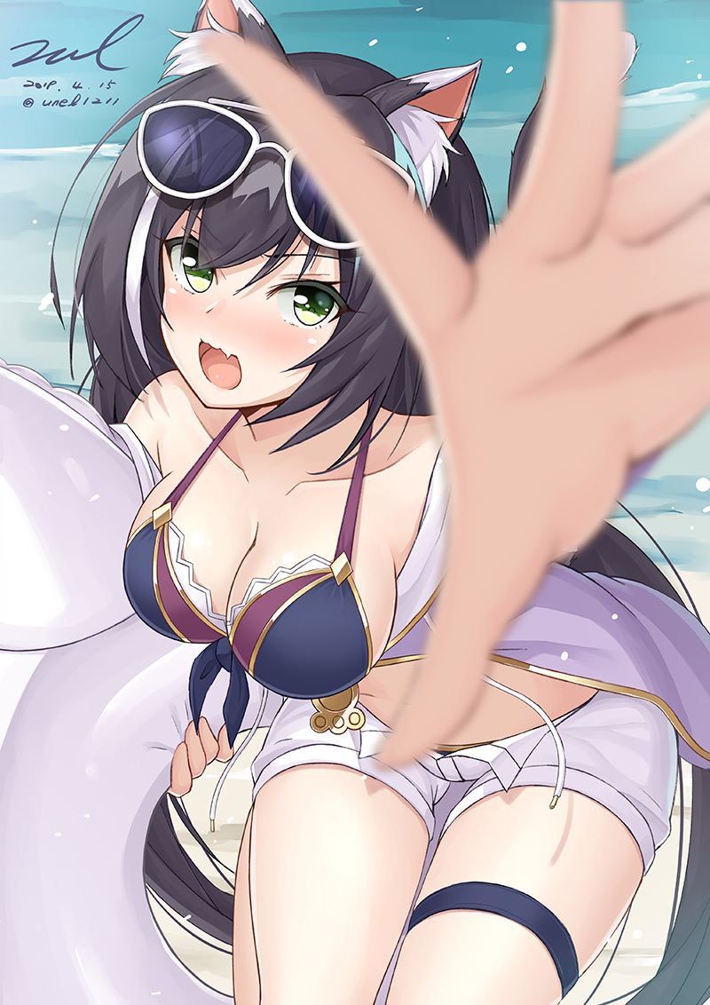 1girl, :o, animal_ear_fluff, animal_ears, bare_shoulders, beach, bikini_top, black_hair