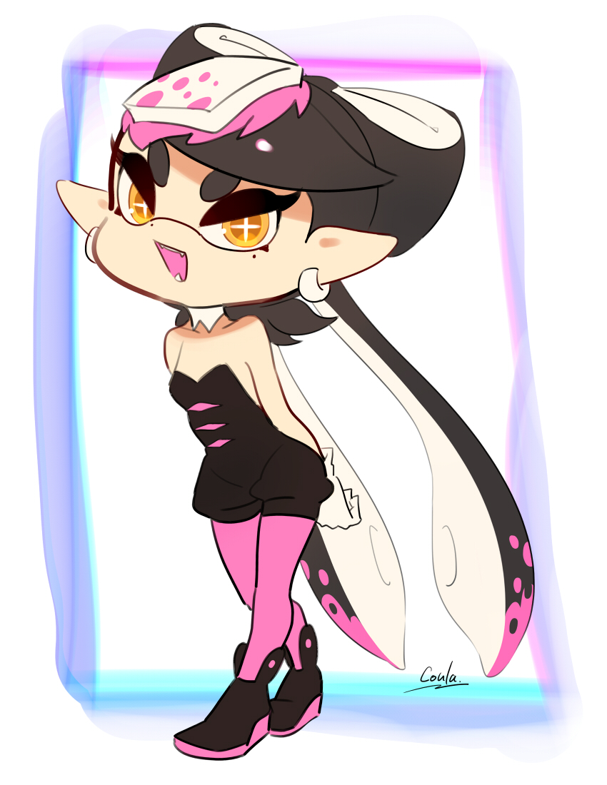 +_+, 1girl, :d, ankle_boots, arms_behind_back, bare_shoulders, black_footwear, black_hair