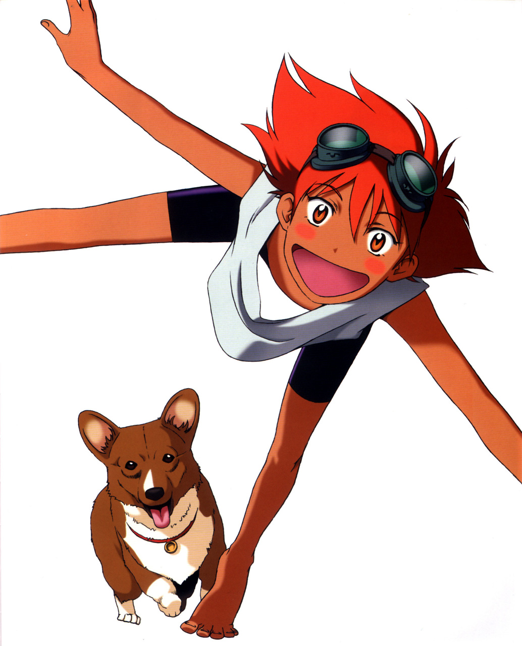 :d, bike_shorts, blush, blush_stickers, brown_eyes, cowboy_bebop, dark_skin, dog