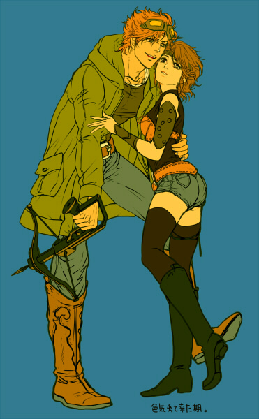 1boy, 1girl, ass, bat_(hokuto_no_ken), bodystocking, boots, bow, breasts