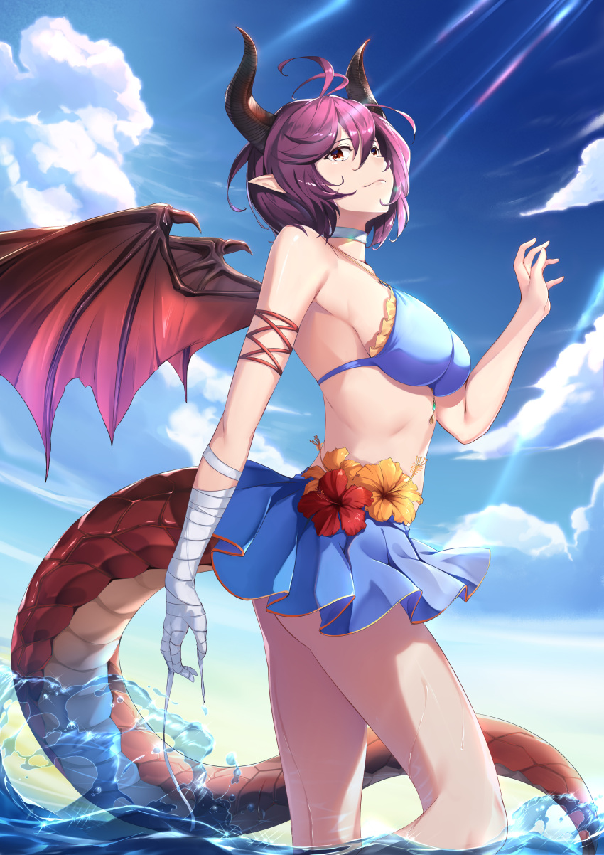 1girl, absurdres, bandage, bandaged_arm, bandages, bikini, blue_bikini, blue_sky