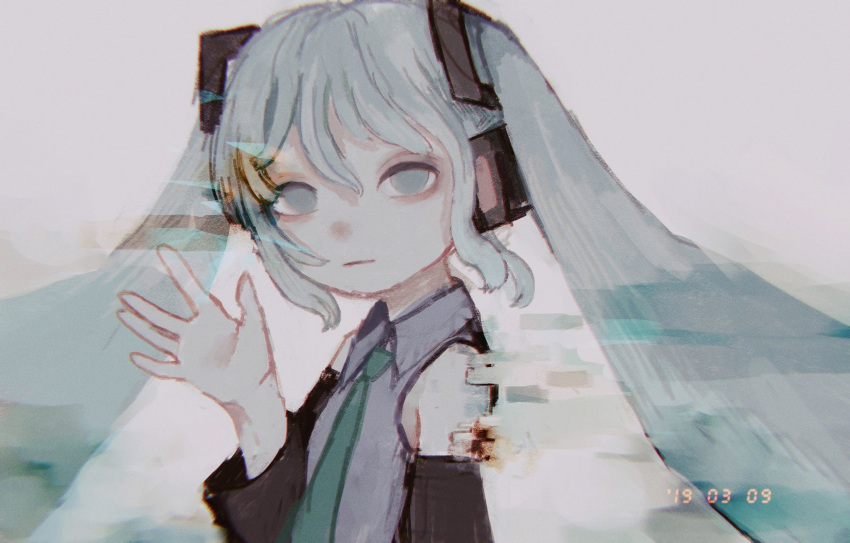 1girl, aqua_eyes, aqua_hair, aqua_neckwear, bangs, collared_shirt, detached_sleeves, expressionless