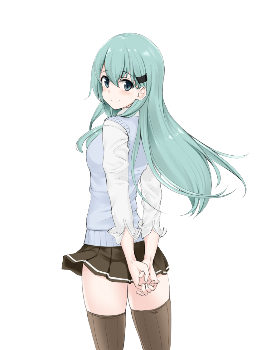 1girl, alternate_costume, aqua_hair, arms_behind_back, bangs, blue_eyes, blush, brown_legwear