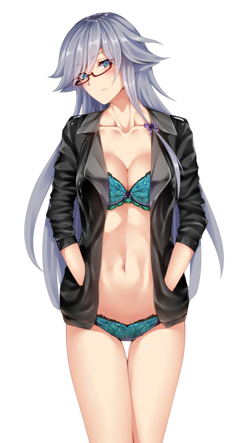 1girl, absurdres, aqua_bra, aqua_panties, bangs, black_jacket, blue_eyes, blush
