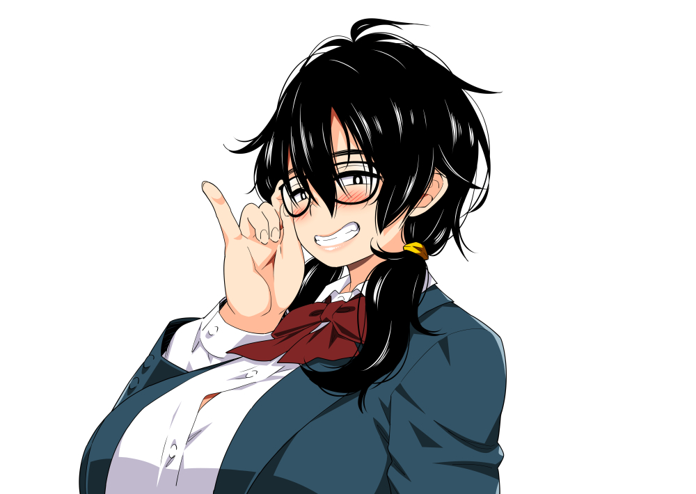 1girl, adjusting_eyewear, black_eyes, black_hair, blazer, blush, bow, breasts