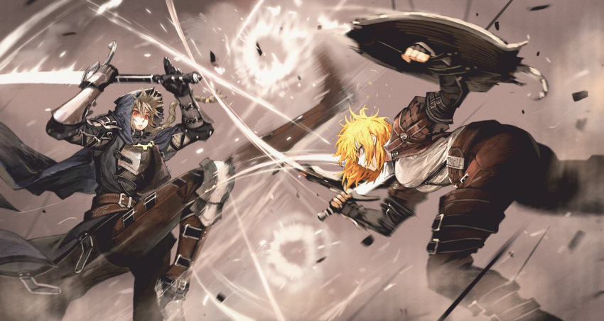 2girls, angry, armored_boots, battle, belt, blonde_hair, boots, braid