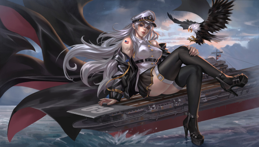 1girl, aircraft_carrier, american_flag_tattoo, azur_lane, bald_eagle, belt, bird, black_belt