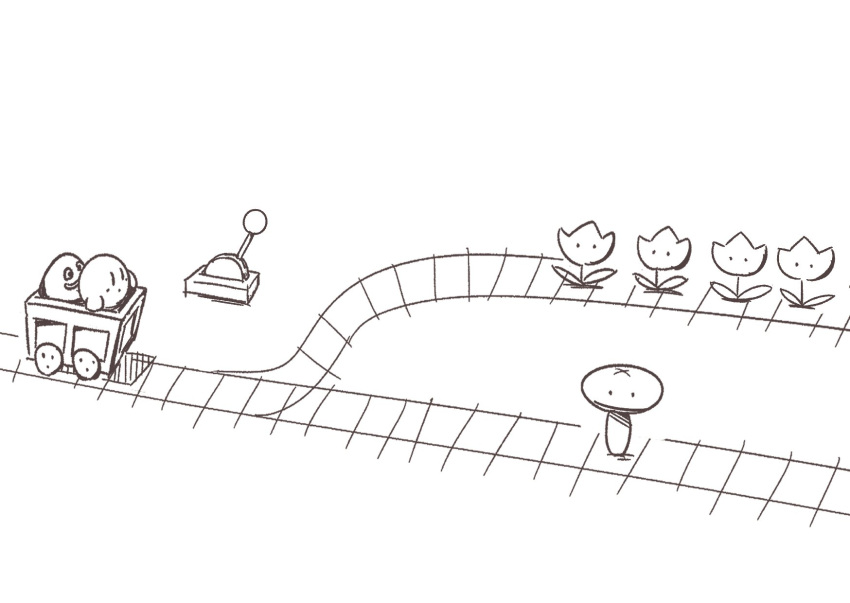 flower, geromazudake, gooey, greyscale, highres, kirby, kirby's_dream_land_3, kirby_(series), lever, minecart, monochrome, mushroom, nintendo, no_humans, railroad_tracks, simple_background, trolley_problem, tulip, white_background