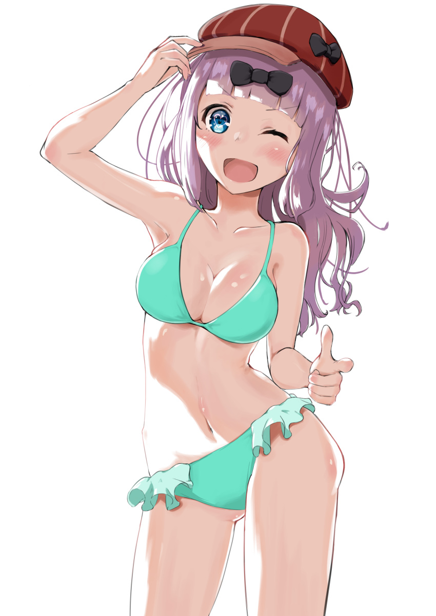 1girl, absurdres, aqua_bikini, arm_up, armpits, bangs, bikini, black_bow