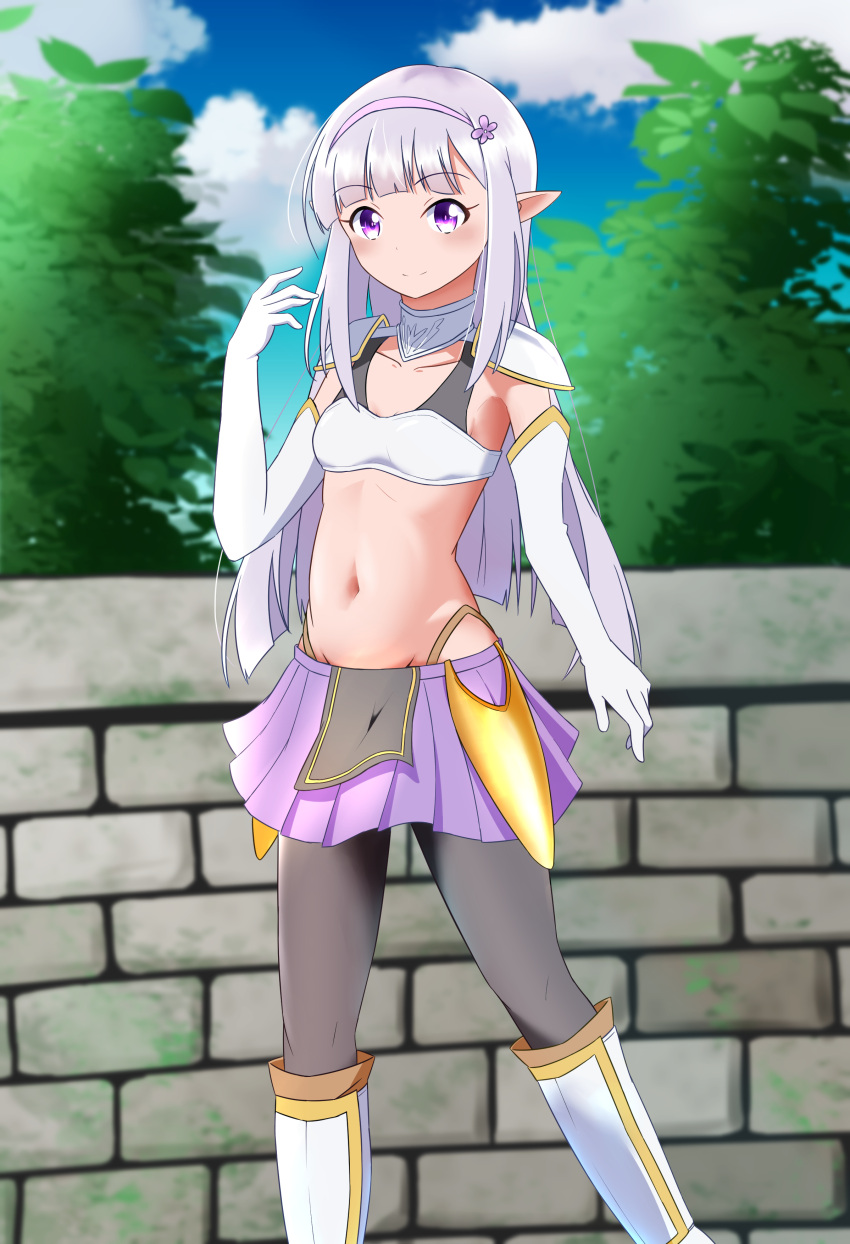1girl, absurdres, armor, bikini_armor, black_legwear, blush, boots, breasts