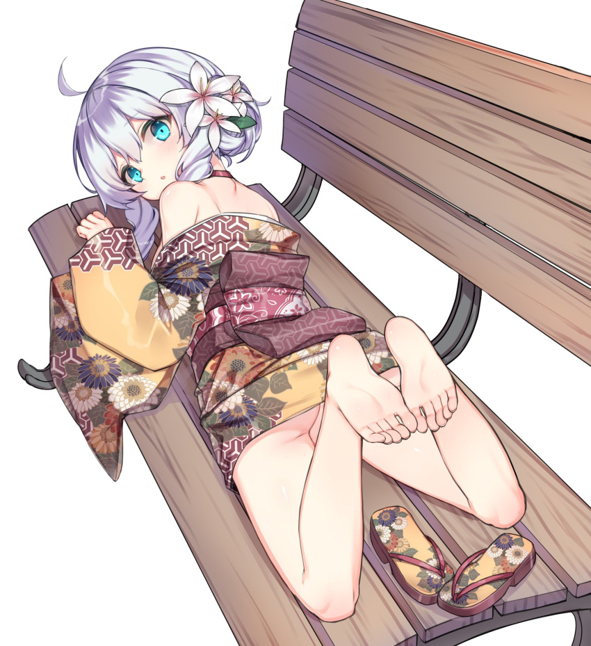 1girl, :o, ahoge, ass, bangs, bare_legs, bare_shoulders, barefoot