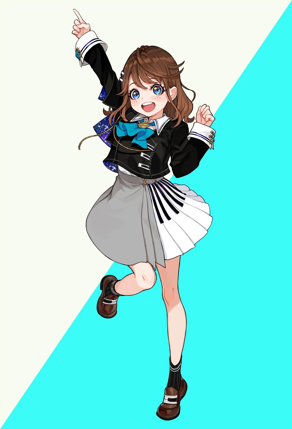 1girl, :d, arm_up, ass, bangs, black_jacket, black_legwear, blue_background