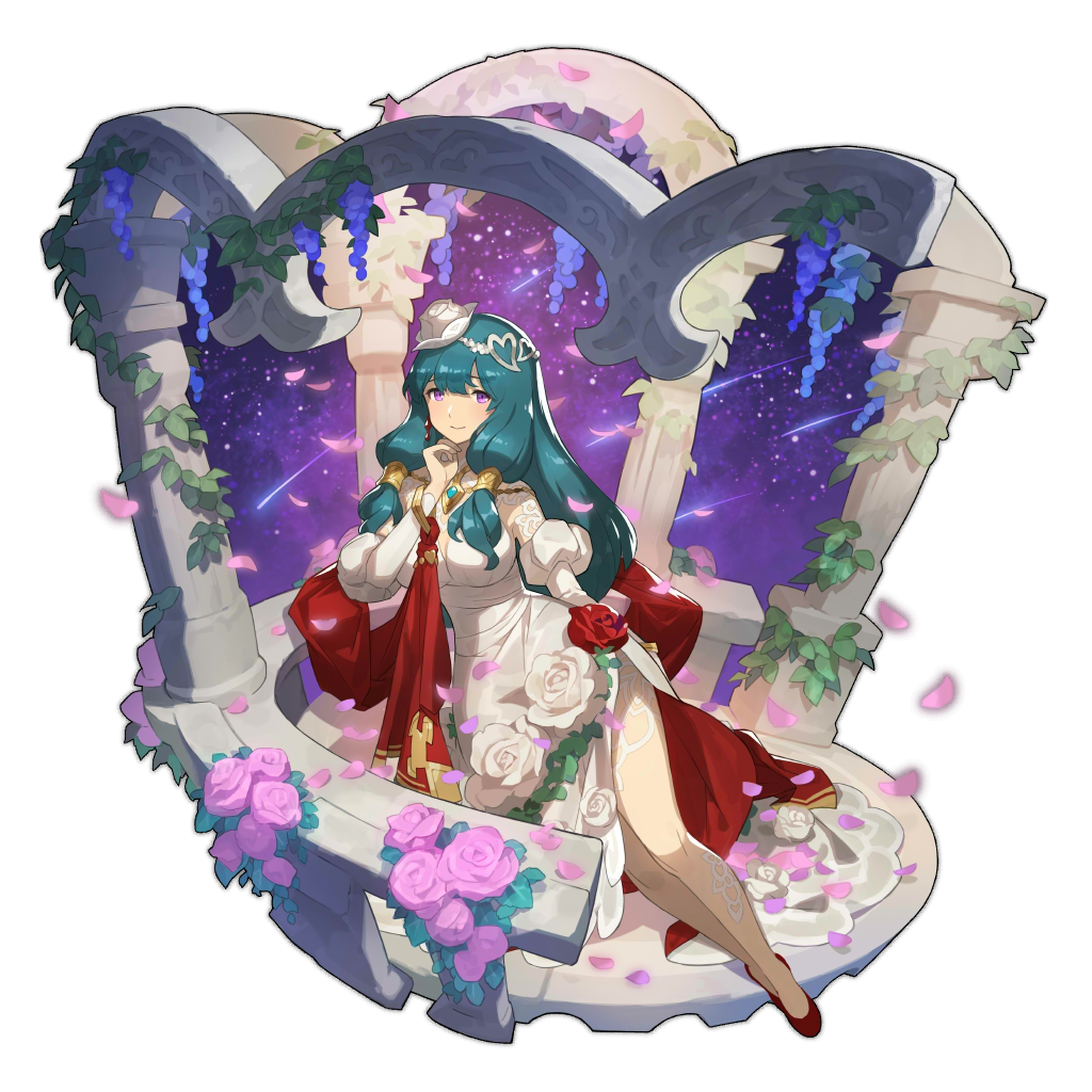 dragalia_lost, dress, flower, green_hair, hildegarde_(dragalia_lost), lying, non-web_source, official_art, on_side, plant, rose, saitou_naoki, sky, star_(sky), starry_sky, vines, violet_eyes, white_dress