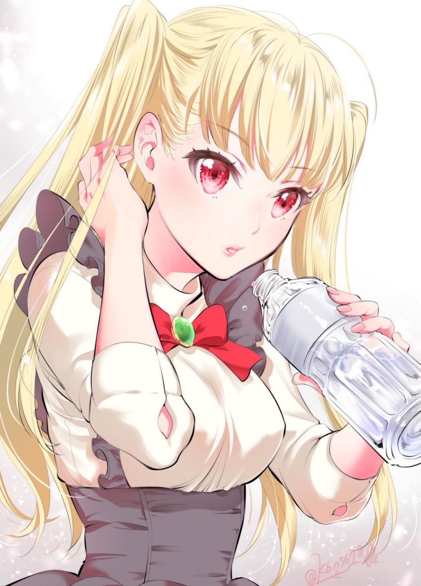 1girl, :o, arms_up, artist_name, black_skirt, blonde_hair, bottle, bow