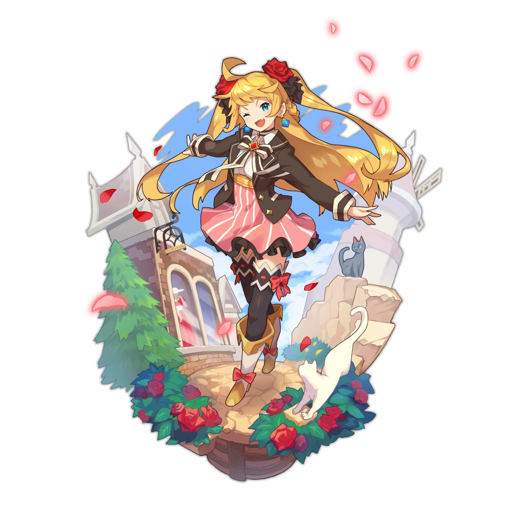 alternate_costume, black_cat, blonde_hair, blue_eyes, blue_sky, bow, bowtie, cat, dragalia_lost, earrings, ezelith, fang, flower, jewelry, non-web_source, official_art, one_eye_closed, petals, rose, rose_petals, saitou_naoki, sky, thigh-highs, twintails, two_side_up, white_cat, zettai_ryouiki