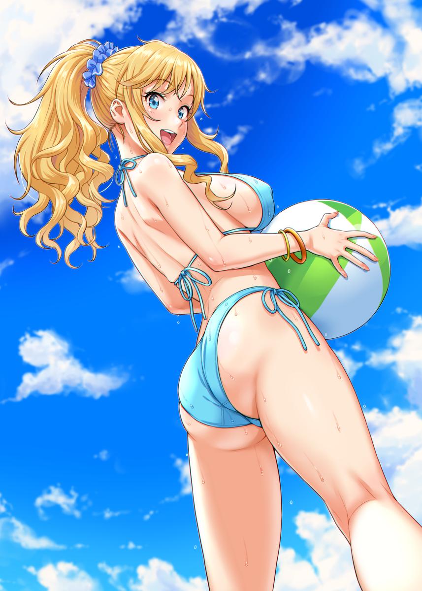 1girl, :d, ass, ball, bangle, beachball, bikini, blonde_hair