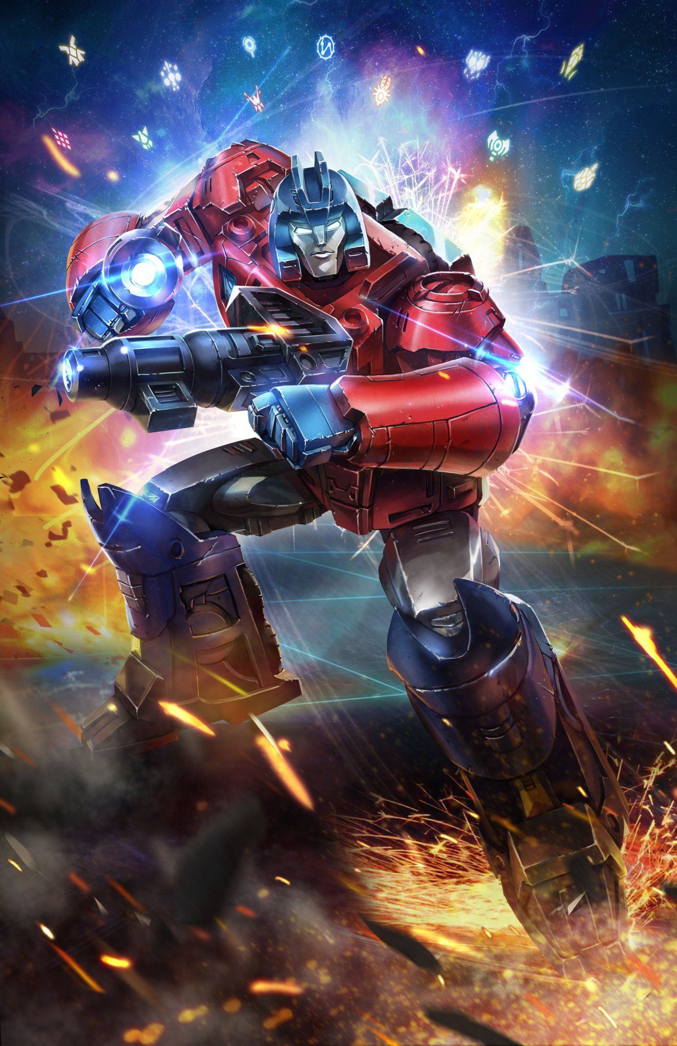 1boy, 80s, aiming_at_viewer, artist_request, autobot, battle, beam_rifle, bean, box_art, building, cybertron, damaged, dual_wielding, energy, energy_gun, explosion, fighting_stance, fire, glowing, glowing_eyes, highres, holding, hologram, holographic_interface, laser_beam, lips, machinery, mecha, official_art, official_style, oldschool, orion_pax, promotional_art, prototype, ray_gun, realistic, robot, science_fiction, sky, sparks, star_(sky), starry_sky, transformers, weapon
