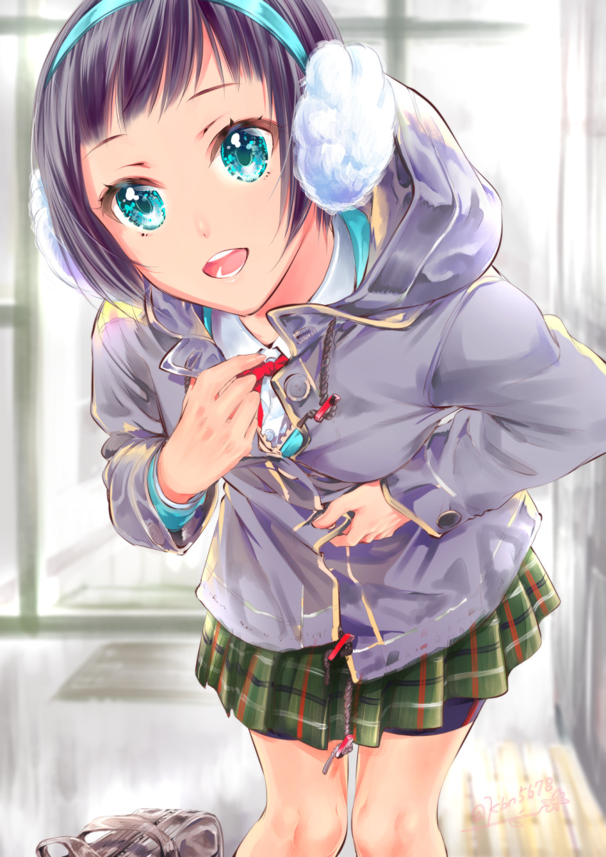 1girl, araki_rena, artist_name, bending_forward, bike_shorts, blue_coat, blue_eyes, clothes_grab