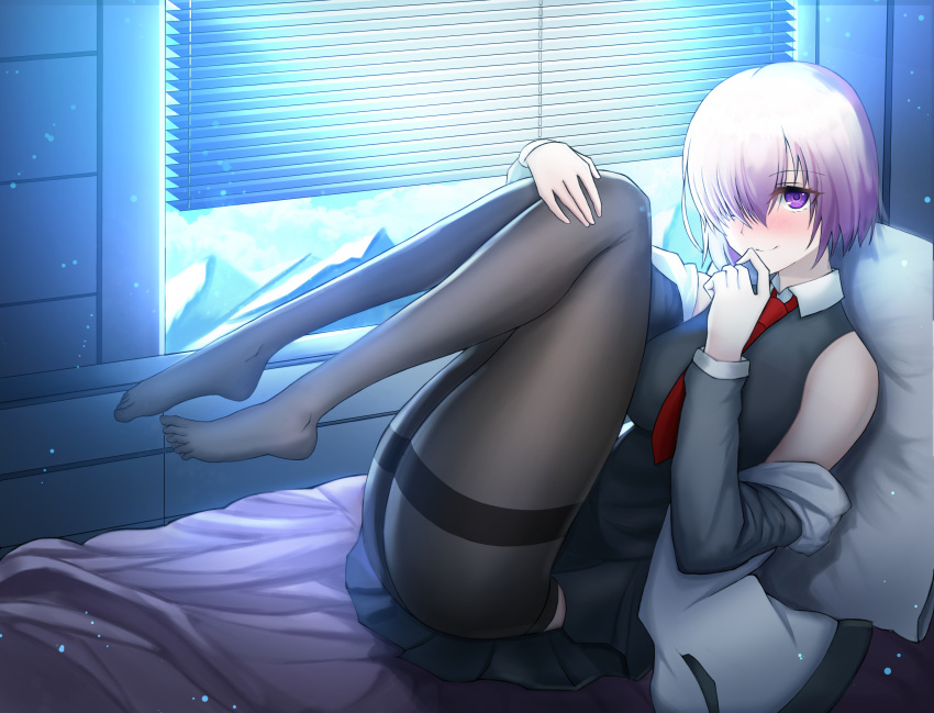 1girl, absurdres, bare_shoulders, black_legwear, blinds, blush, breasts, fate/grand_order
