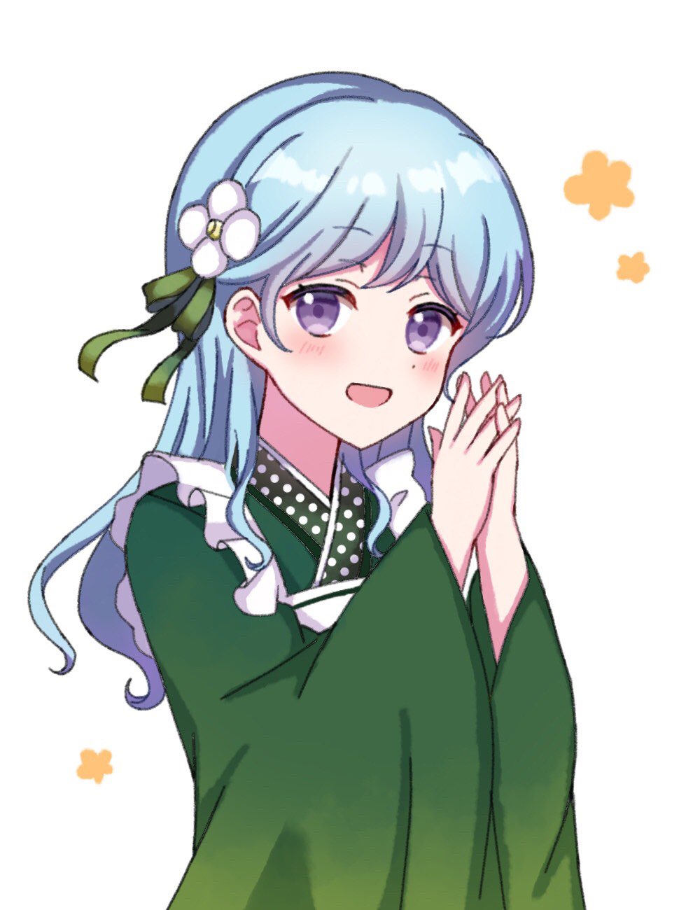 1girl, :d, bang_dream!, bangs, blue_hair, blush, bow, commentary_request