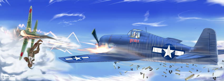 a6m_zero, absurdres, aircraft, airplane, clouds, f6f_hellcat, flying, gloves