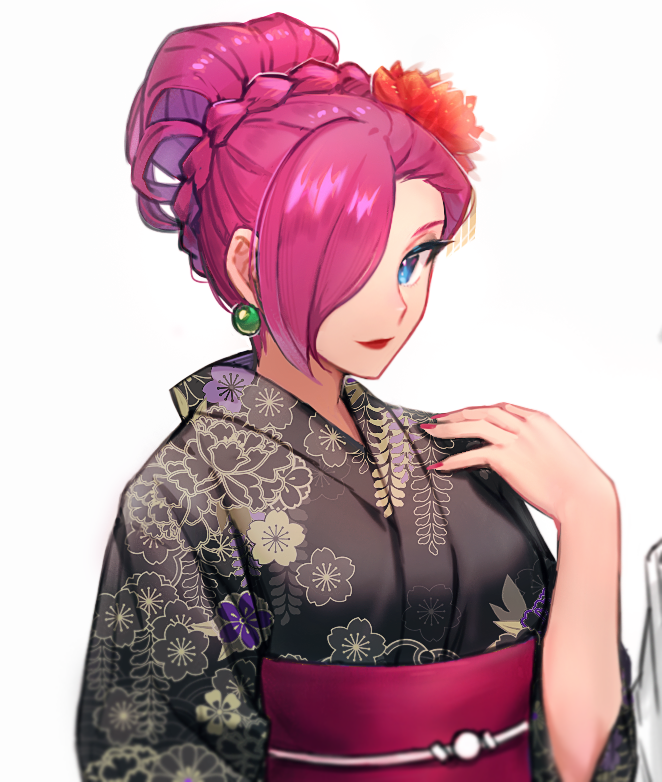 1girl, alternate_hairstyle, apple_brk, black_kimono, blue_eyes, braid, breasts, closed_mouth