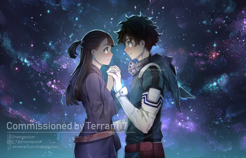 1boy, 1girl, artist_name, belt, bodysuit, boku_no_hero_academia, brown_hair, cloak, commentary, commission, deviantart_username, drawrepulser, elbow_gloves, english_commentary, face_mask, freckles, from_side, gloves, green_bodysuit, green_eyes, green_hair, hair_between_eyes, highres, hood, hoodie, instagram_username, kagari_atsuko, little_witch_academia, long_hair, looking_at_another, mask, mask_removed, midoriya_izuku, ponytail, red_eyes, short_hair, smile, twitter_username, upper_body, white_gloves