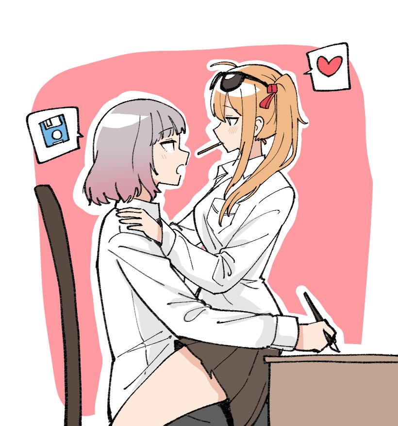 2girls, brown_skirt, chair, chinese_commentary, commentary_request, desk, floppy_disk, food