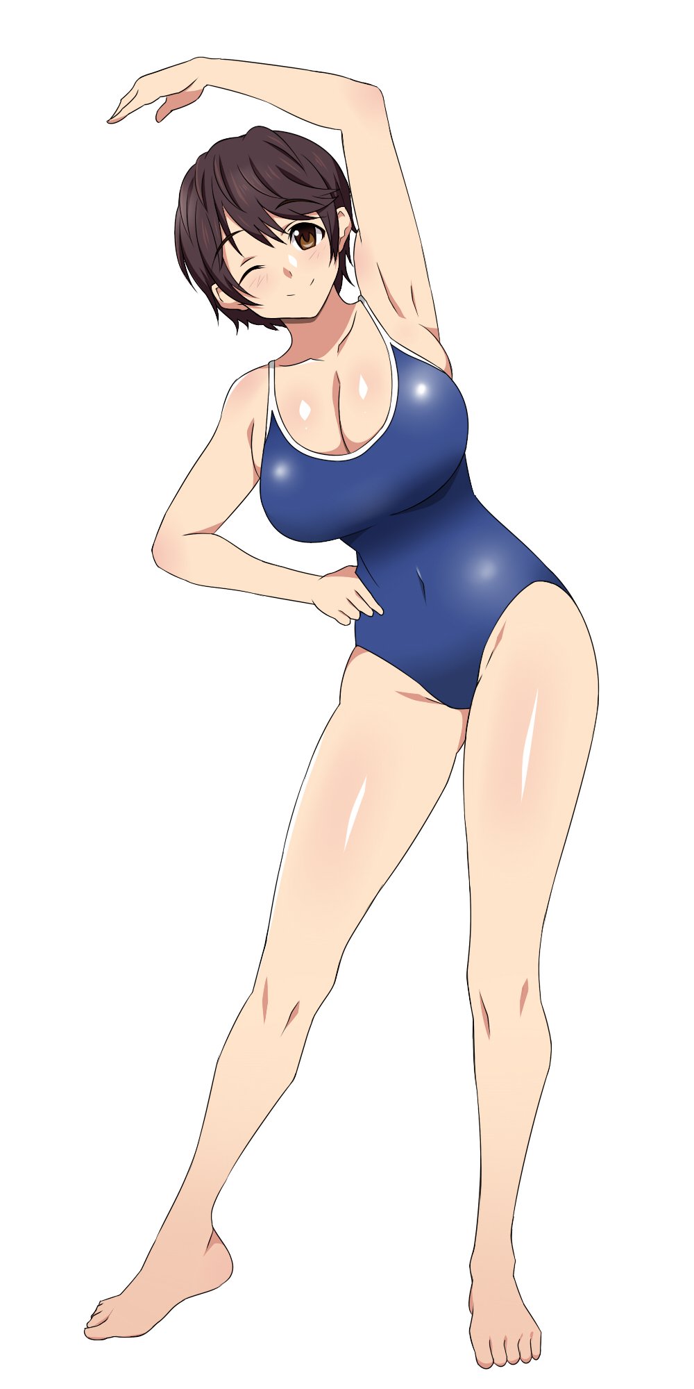 1girl, blush, breasts, brown_eyes, brown_hair, cleavage, closed_mouth, exercise, highres, huge_breasts, idolmaster, idolmaster_cinderella_girls, kagemusha, looking_at_viewer, oikawa_shizuku, one-piece_swimsuit, one_eye_closed, shiny, shiny_skin, short_hair, smile, swimsuit