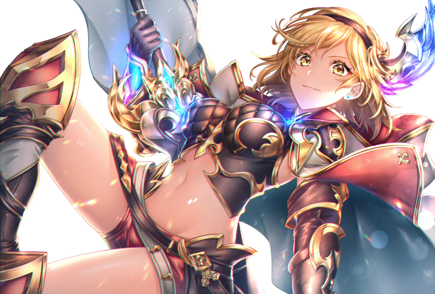 1girl, armor, armored_boots, black_gloves, blonde_hair, boots, breasts, cape, crop_top, djeeta_(granblue_fantasy), djeeta_(granblue_fantasy)_(conqueror_of_the_eternals), earrings, gauntlets, gloves, gold_trim, granblue_fantasy, groin, hair_ornament, hairband, holding, holding_sword, holding_weapon, jewelry, kamuinii, knee_up, large_breasts, looking_at_viewer, midriff, navel, red_shorts, short_hair, short_shorts, shorts, sidelocks, sleeveless, smile, solo, stomach, sword, thighs, weapon, white_background, yellow_eyes