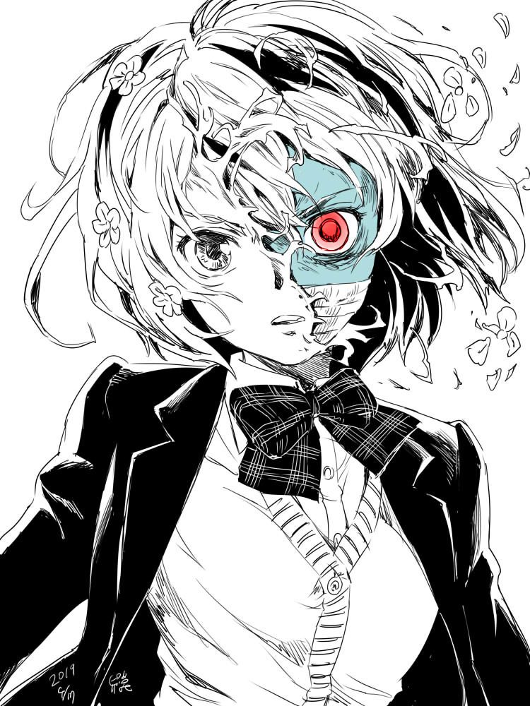 bandage, blazer, cardigan, green_skin, hair_ornament, jacket, mizuno_ai, monochrome