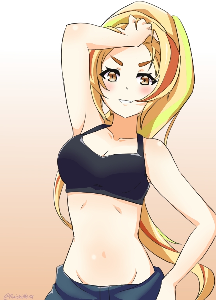 1girl, arm_up, black_bra, blonde_hair, blush, bra, breasts, brown_eyes