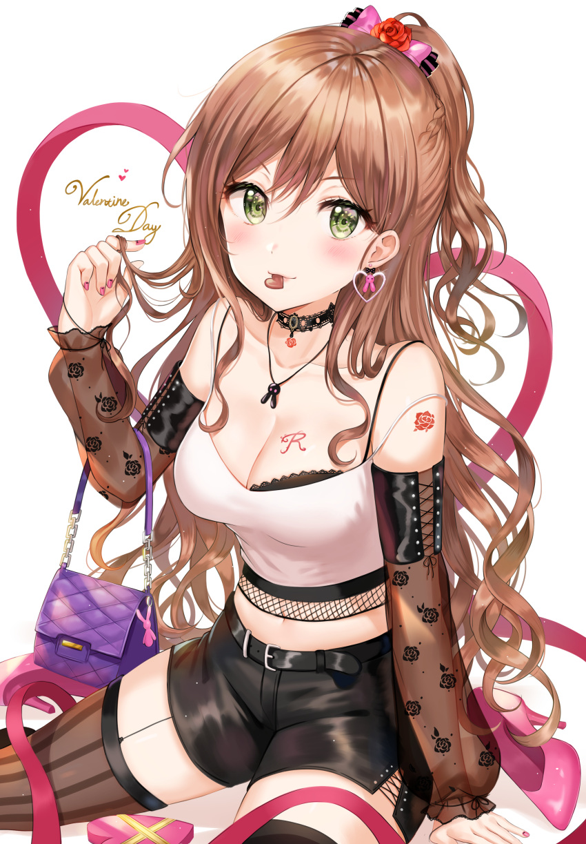 1girl, absurdres, bang_dream!, bangs, belt, black_bra, black_shorts, blush