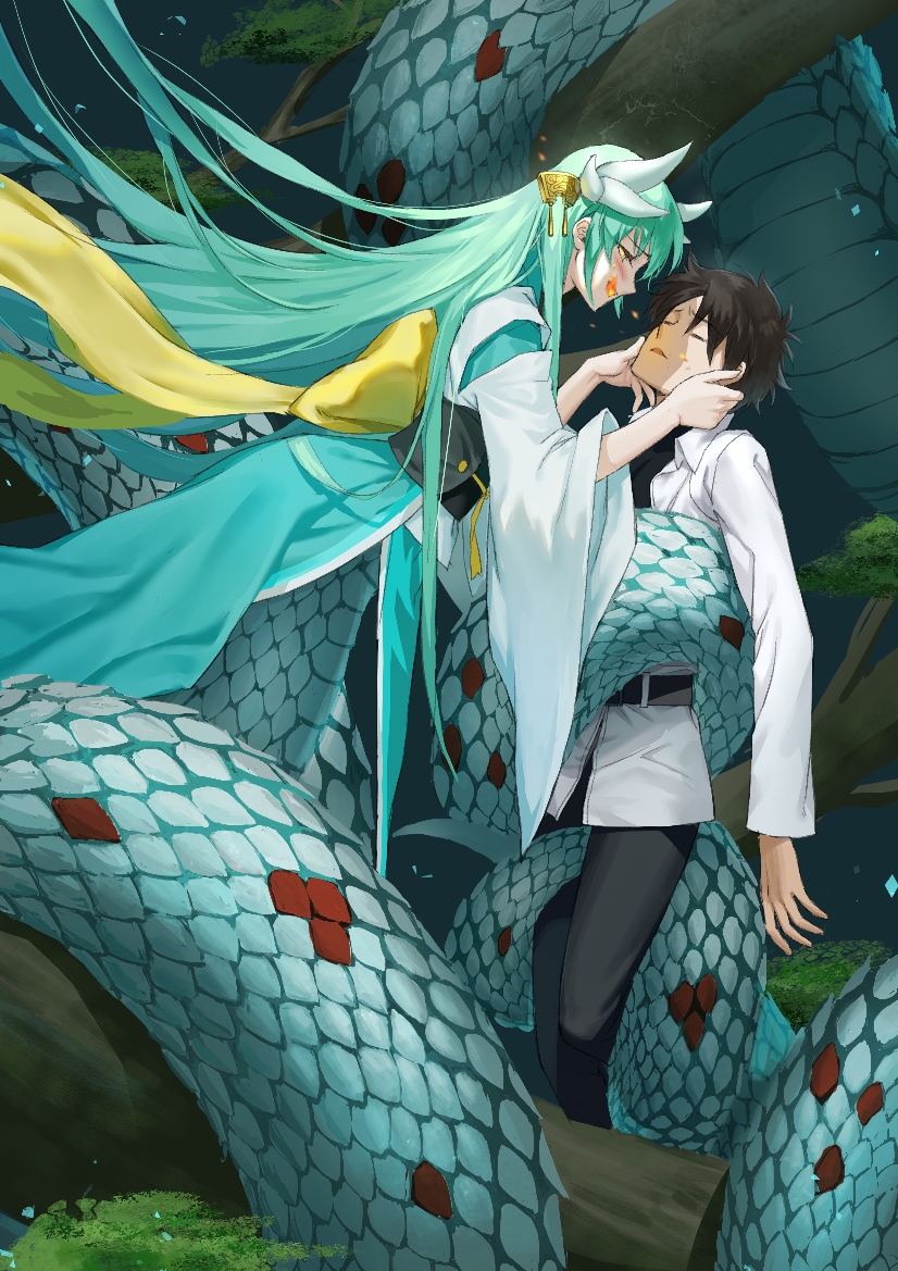 1boy, 1girl, ahhstwj, black_hair, blush, branch, closed_eyes, facing_another