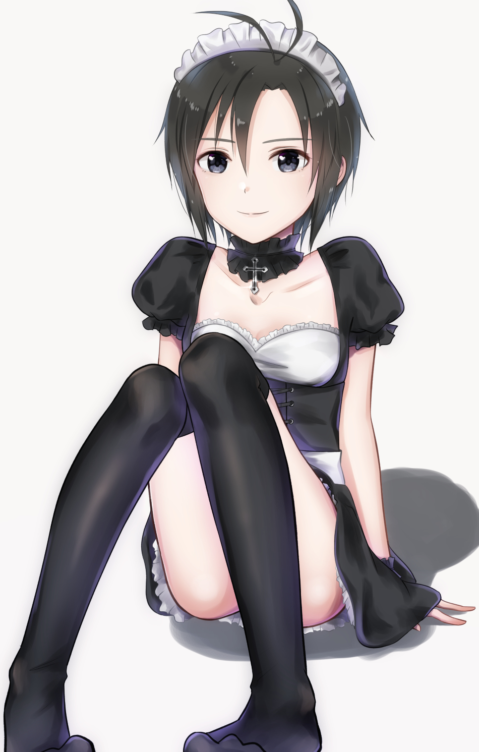 1girl, alternate_costume, antenna_hair, arm_support, black_eyes, black_hair, black_legwear, black_skirt