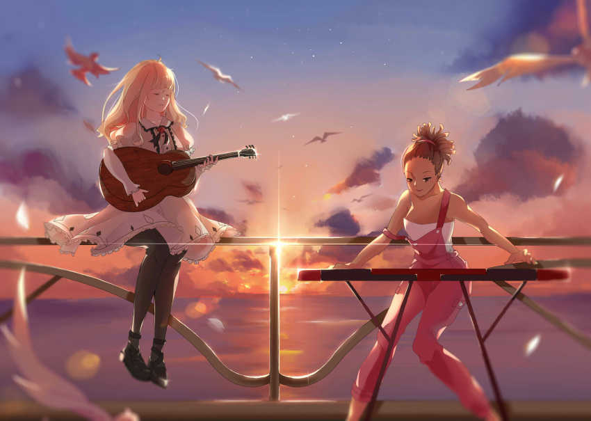 basho, blonde_hair, bridge, brown_eyes, brown_hair, carole_&amp;_tuesday, carole_(carole_&amp;_tuesday), dark_skin, guitar, highres, instrument, keyboard_(instrument), music, overalls, playing_instrument, sleeveless, tube_shirt, tuesday_(carole_&amp;_tuesday)