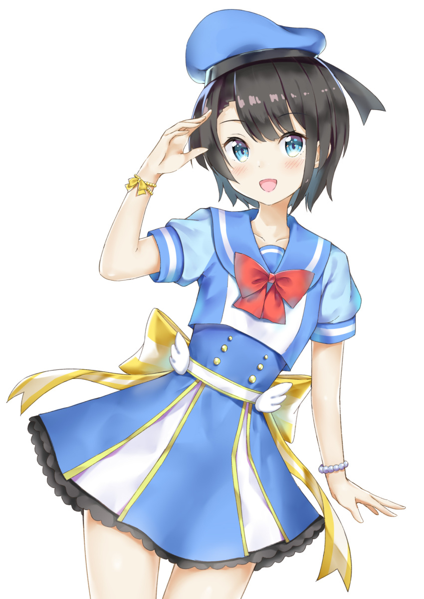 1girl, bangs, black_hair, blue_eyes, blue_shirt, blue_skirt, blush, bow, bracelet, collarbone, commentary, cowboy_shot, donald_duck_sailor_hat, fuji_noyume, highres, hololive, idol, idol_clothes, jewelry, looking_at_viewer, miniskirt, oozora_subaru, open_mouth, red_bow, salute, shirt, short_hair, short_sleeves, simple_background, skirt, smile, solo, standing, striped, striped_bow, thighs, virtual_youtuber, white_background, yellow_bow