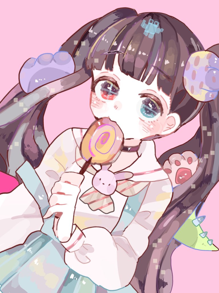 +_-, 1girl, bangs, black_hair, blue_eyes, blunt_bangs, blush, candy