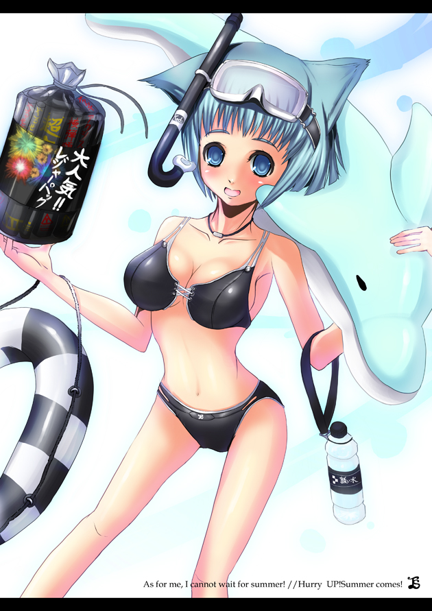bad_id, bikini, blue_hair, breasts, cat_ears, cleavage, diving_mask, dolphin