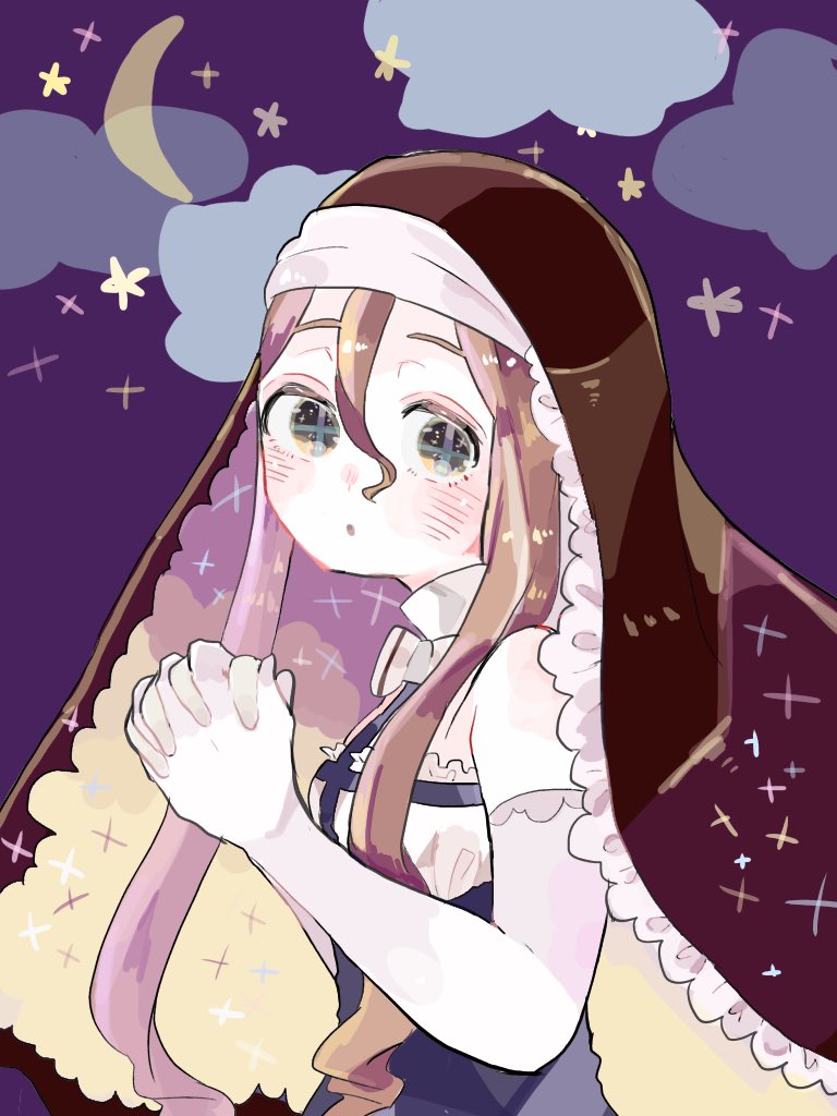 +_+, 1girl, bare_shoulders, blush, brown_hair, clouds, elbow_gloves, expressionless, from_side, gloves, habit, hanataro_(sruvhqkehy1zied), hands_together, long_hair, looking_at_viewer, mahou_shoujo_ikusei_keikaku, mahou_shoujo_ikusei_keikaku_unmarked, nun, parted_lips, sister_nana, solo, upper_body
