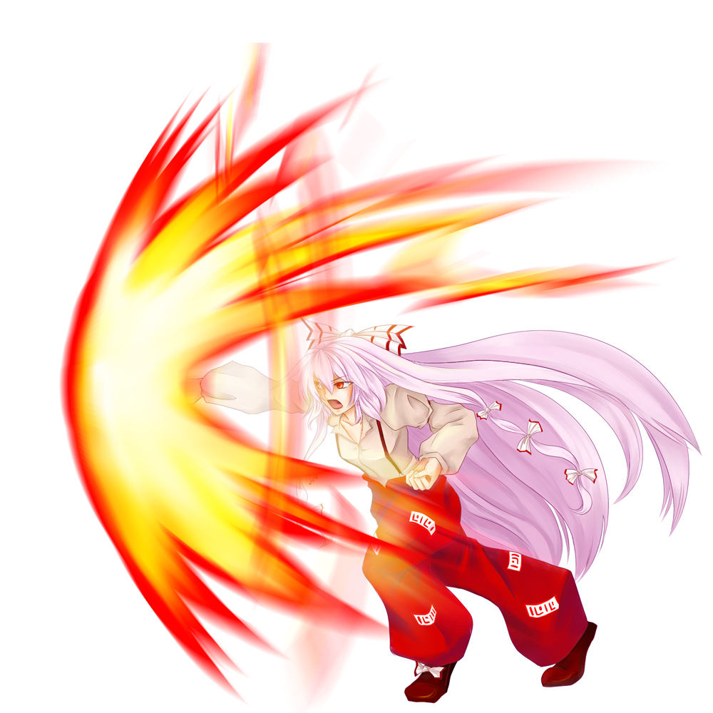 blackwing_phoenix, fire, fujiwara_no_mokou, guilty_gear, long_hair, parody, punching, red_eyes