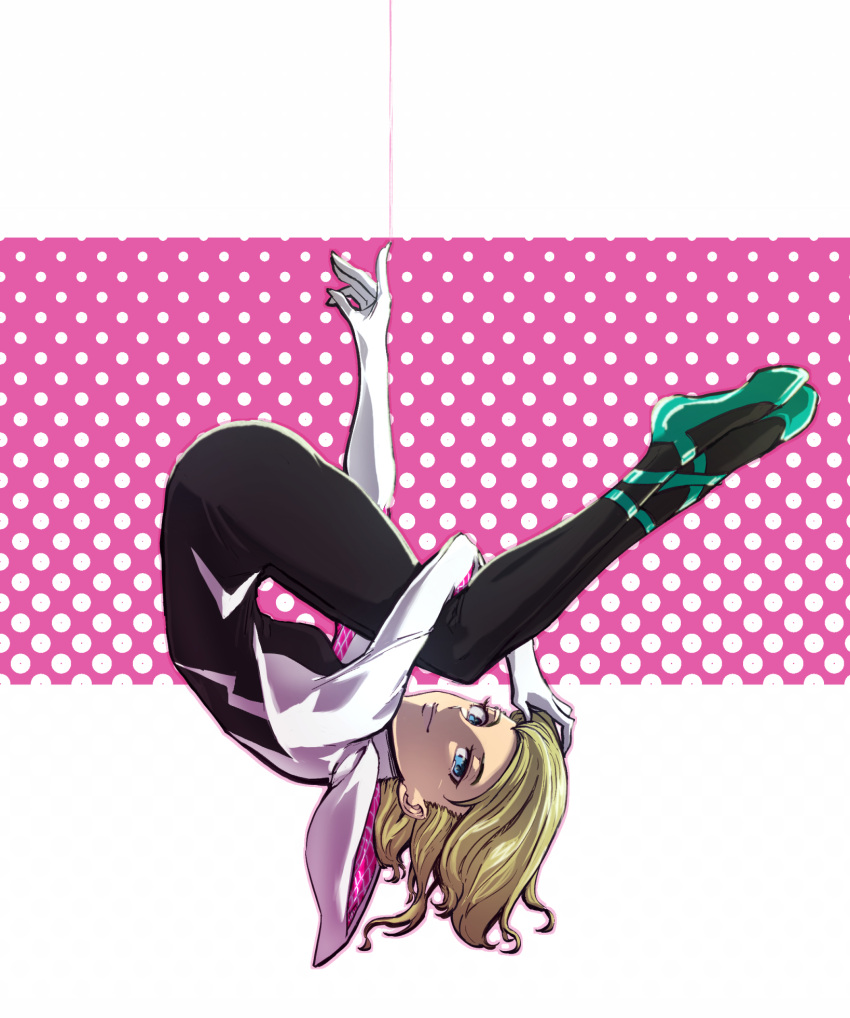 1girl, anaguma_201, ballet_slippers, blonde_hair, blue_eyes, bodysuit, breasts, commentary_request, green_footwear, gwen_stacy, highres, hood, hood_down, leg_hug, legs_together, looking_at_viewer, marvel, medium_breasts, polka_dot, polka_dot_background, short_hair, silk, skin_tight, solo, spider-gwen, spider-man:_into_the_spider-verse, spider-man_(series), spider_web, spider_web_print, superhero, upside-down