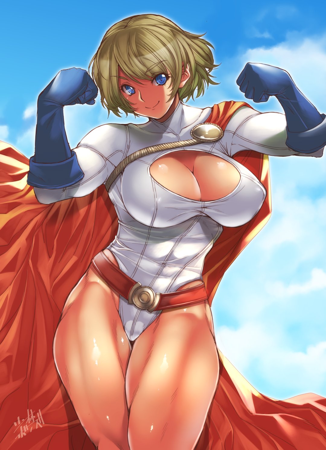 1girl, artist_name, blonde_hair, blue_eyes, blue_sky, breasts, cape, cleavage